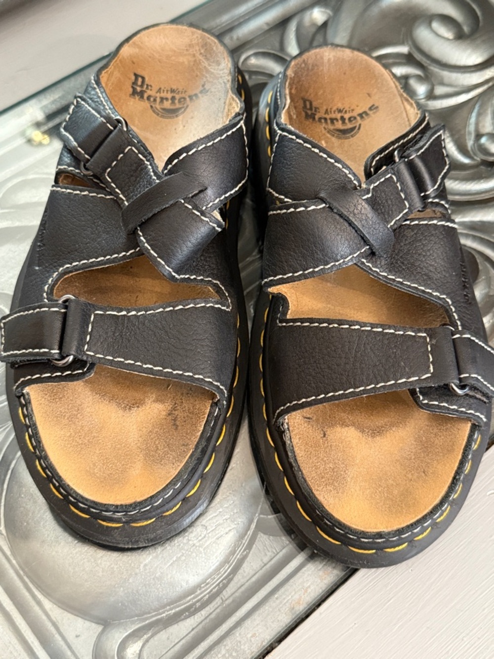 Dr. Martens 8 Mens Bradfield Black Leather Slide Sandals with Yellow Welt